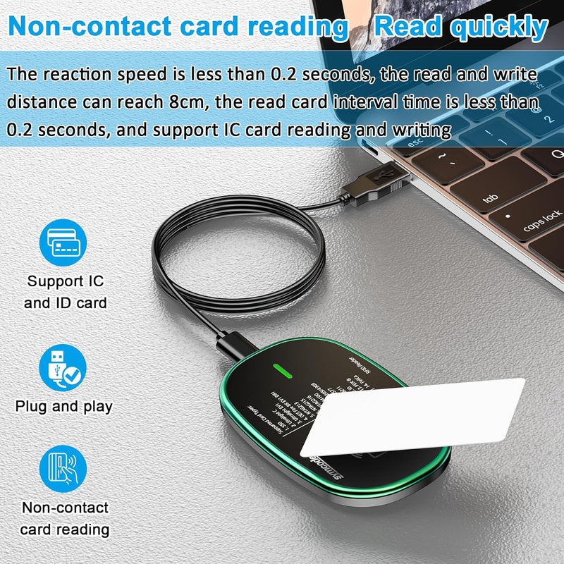 symcode RFID Reader 125KHz and 13.56Mhz Card USB Reader Plug and Play USB HID Device Emulate Keyboard for Win Linux Android iOS Black - Image 2